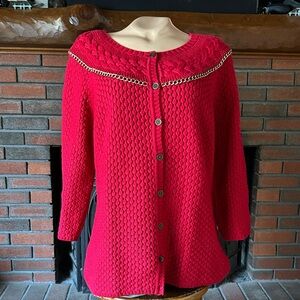 Liz Claiborne Vintage Red Button-Up Cardigan Sweater w/ gold chain accents - L